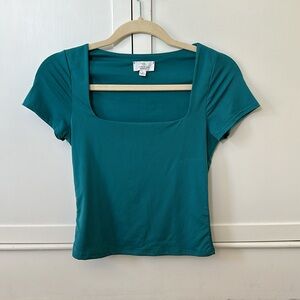Turquoise Square-neck Short Sleeve Top